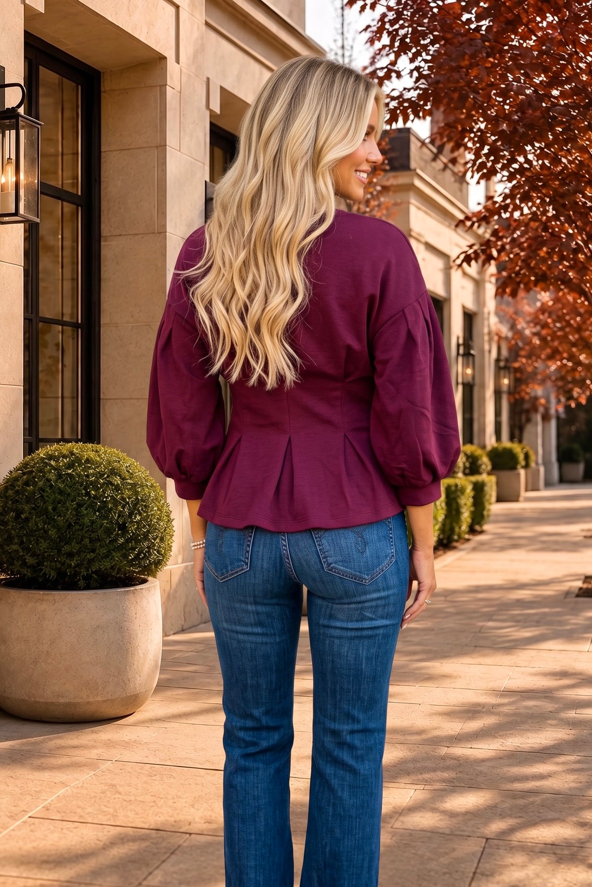 Anneliese Peplum Flair Top : Plum