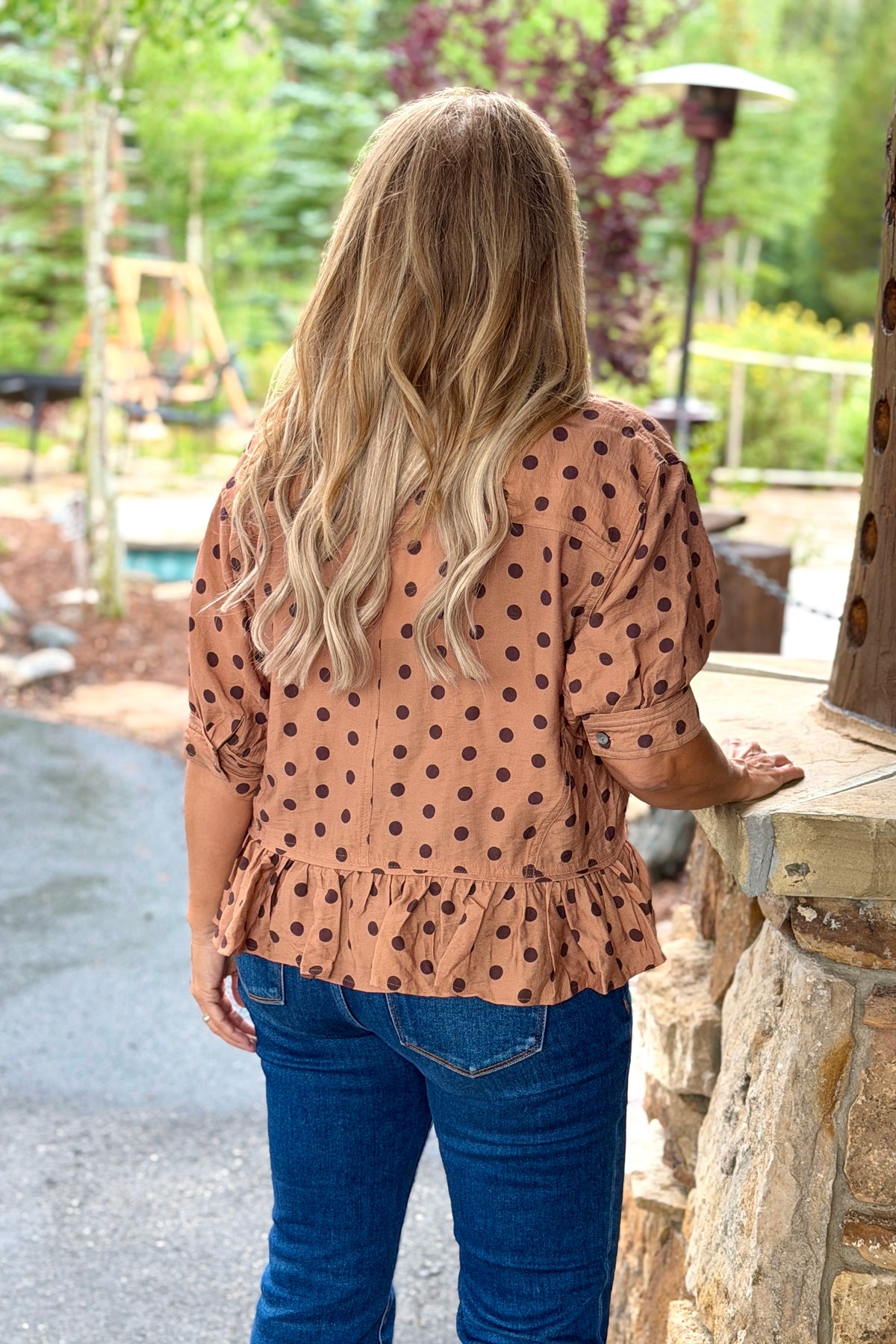 Irma Button Down Spotted Top : Camel