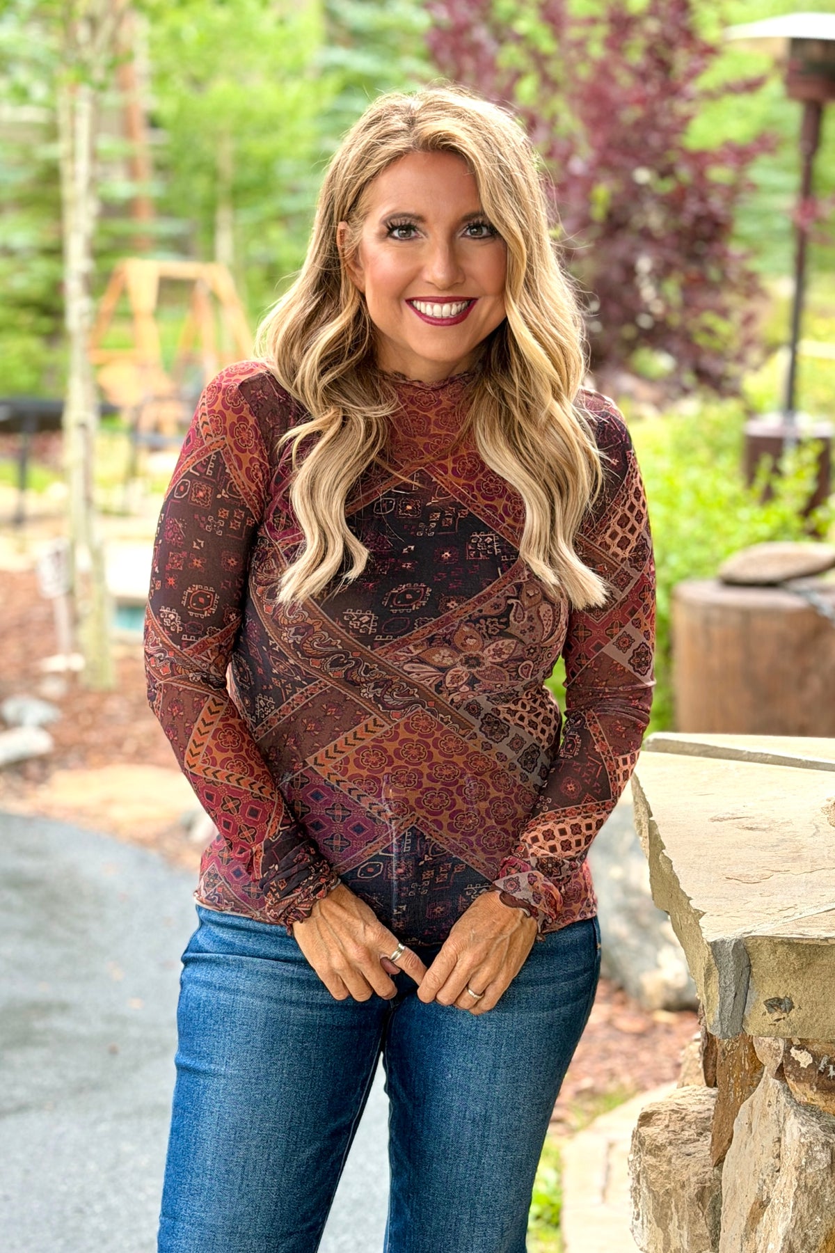 Erna Mosaic Print Mesh Top : Brown Multi