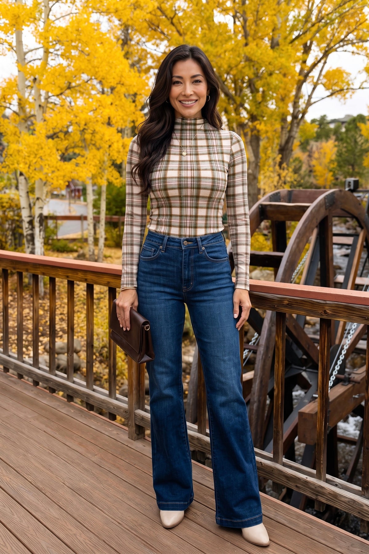 Posie Plaid Mock Neck Mesh Top : Stone