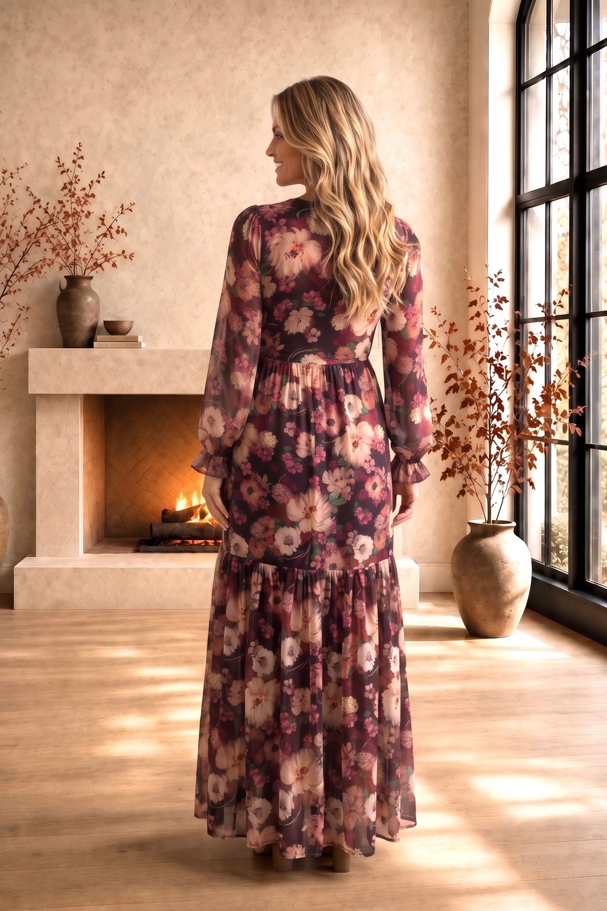 Noella Long Sleeve V-Neck Maxi Dress : Plum/Dusty Rose
