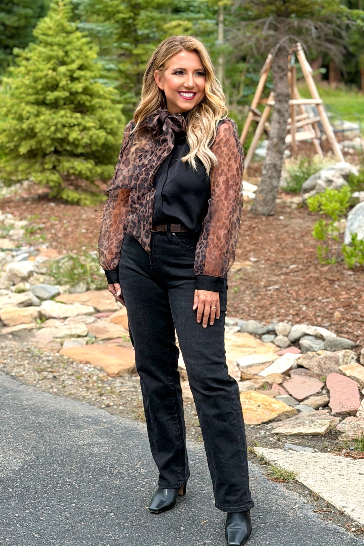 Gaby Self Tie Neckline Detailed Blouse : Black/Brown