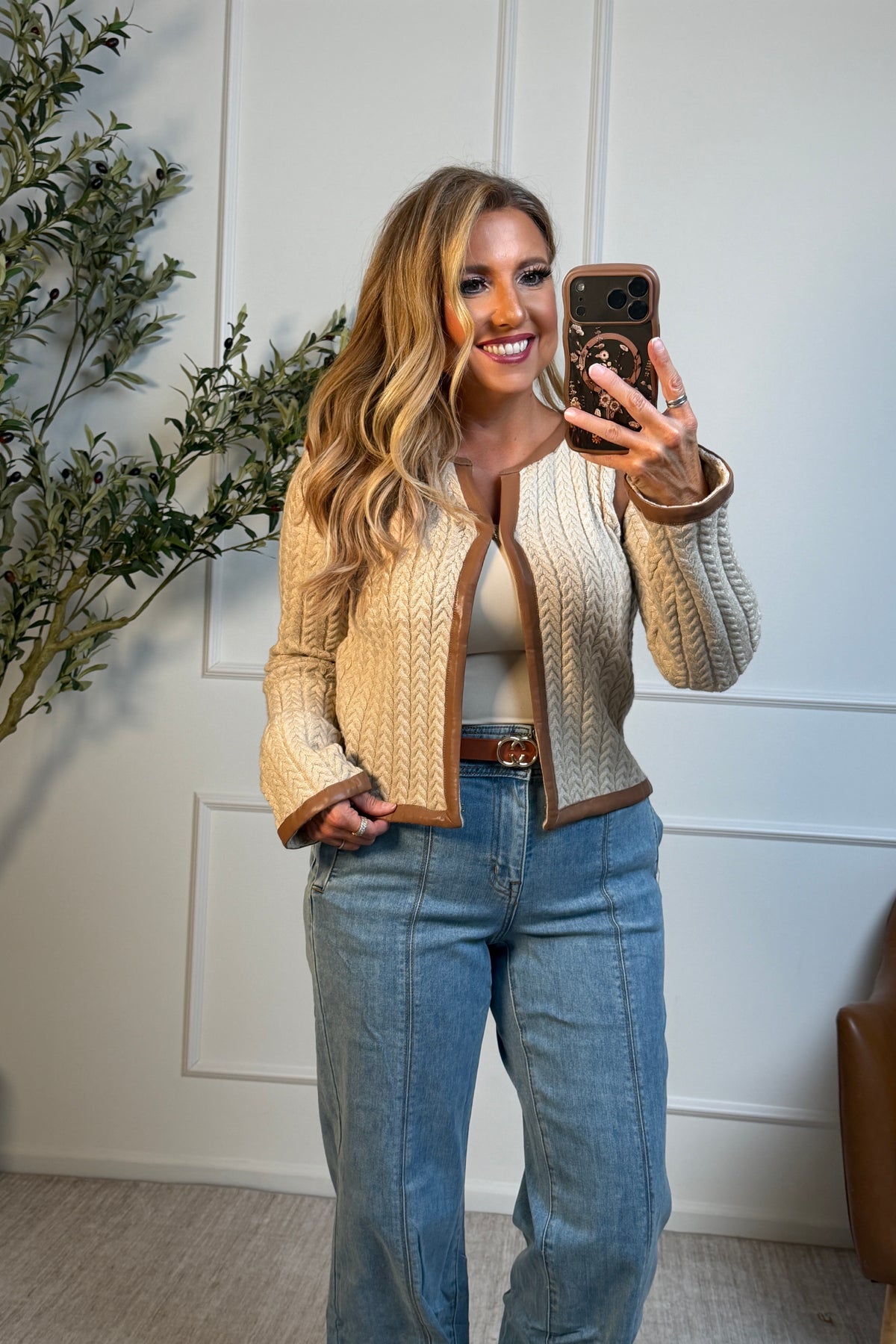 Starla Faux Leather Trim Cable Knit Jacket : Beige