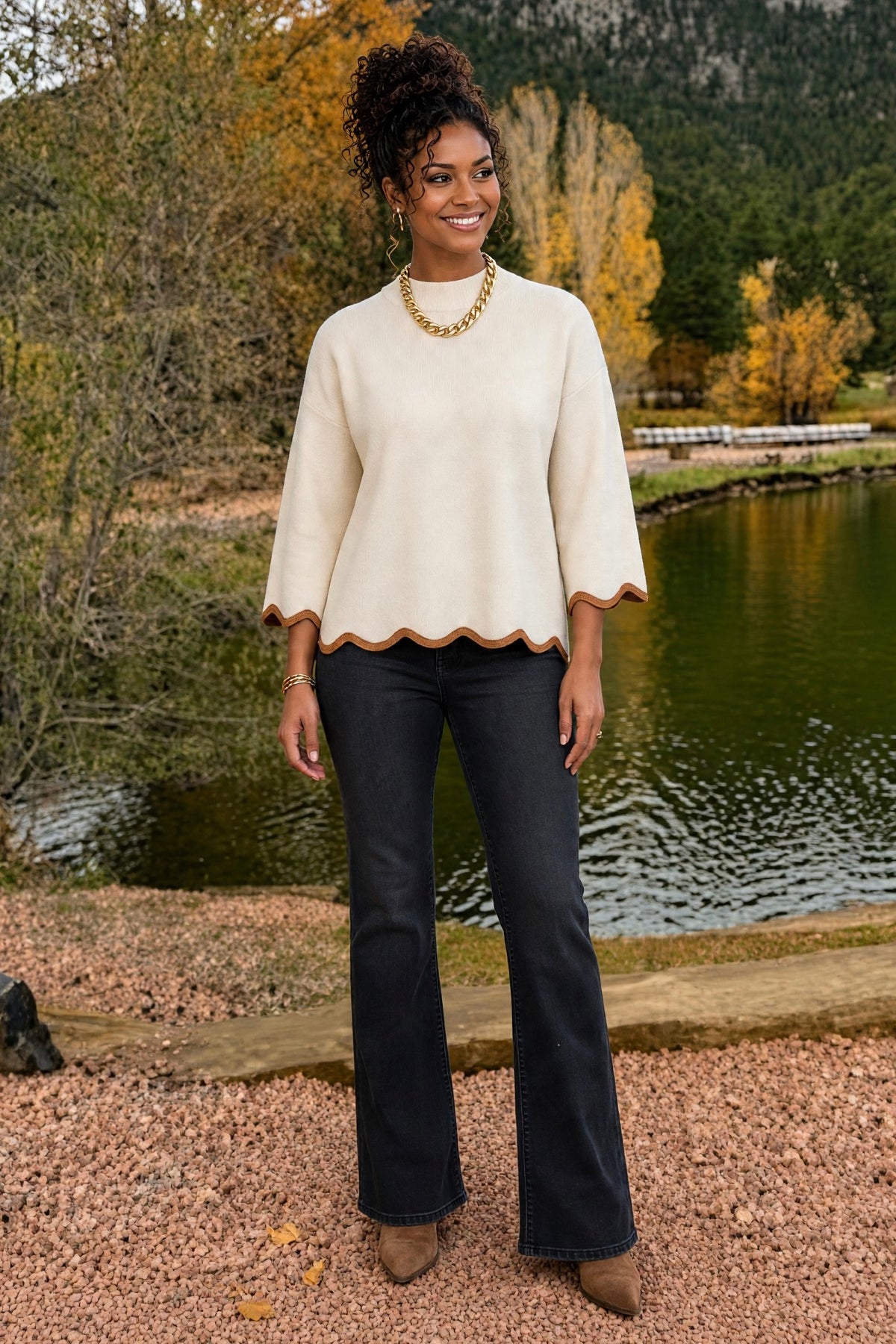 Eleni Scallop Edge Mock Neck Sweater : Cream/Camel