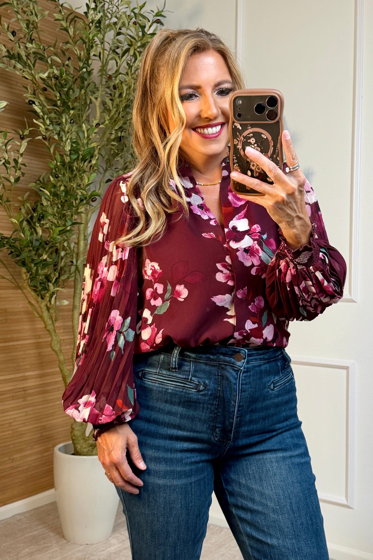 Kataleya 3/4 Pleated Sleeve Blouse : Wine/Dusty Rose