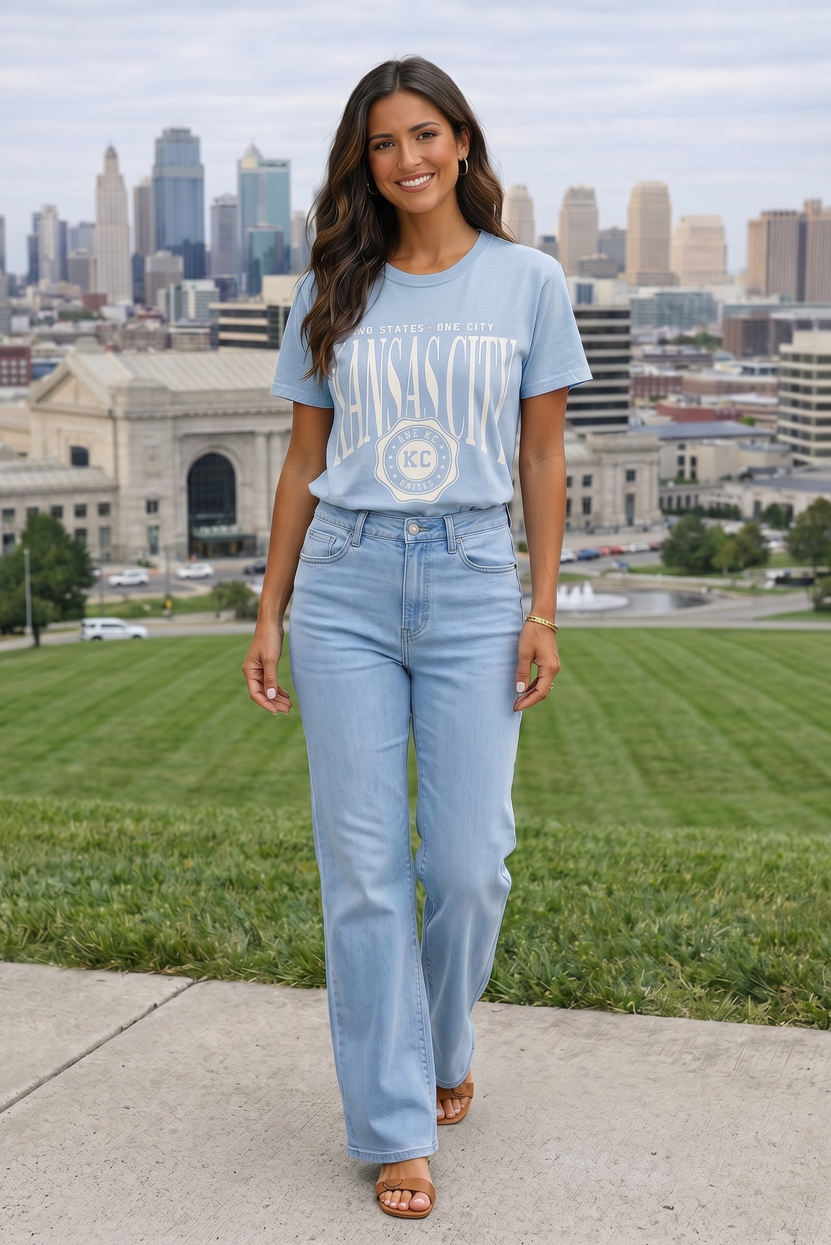 1KC Kansas City Two States One City Tee : Light Blue
