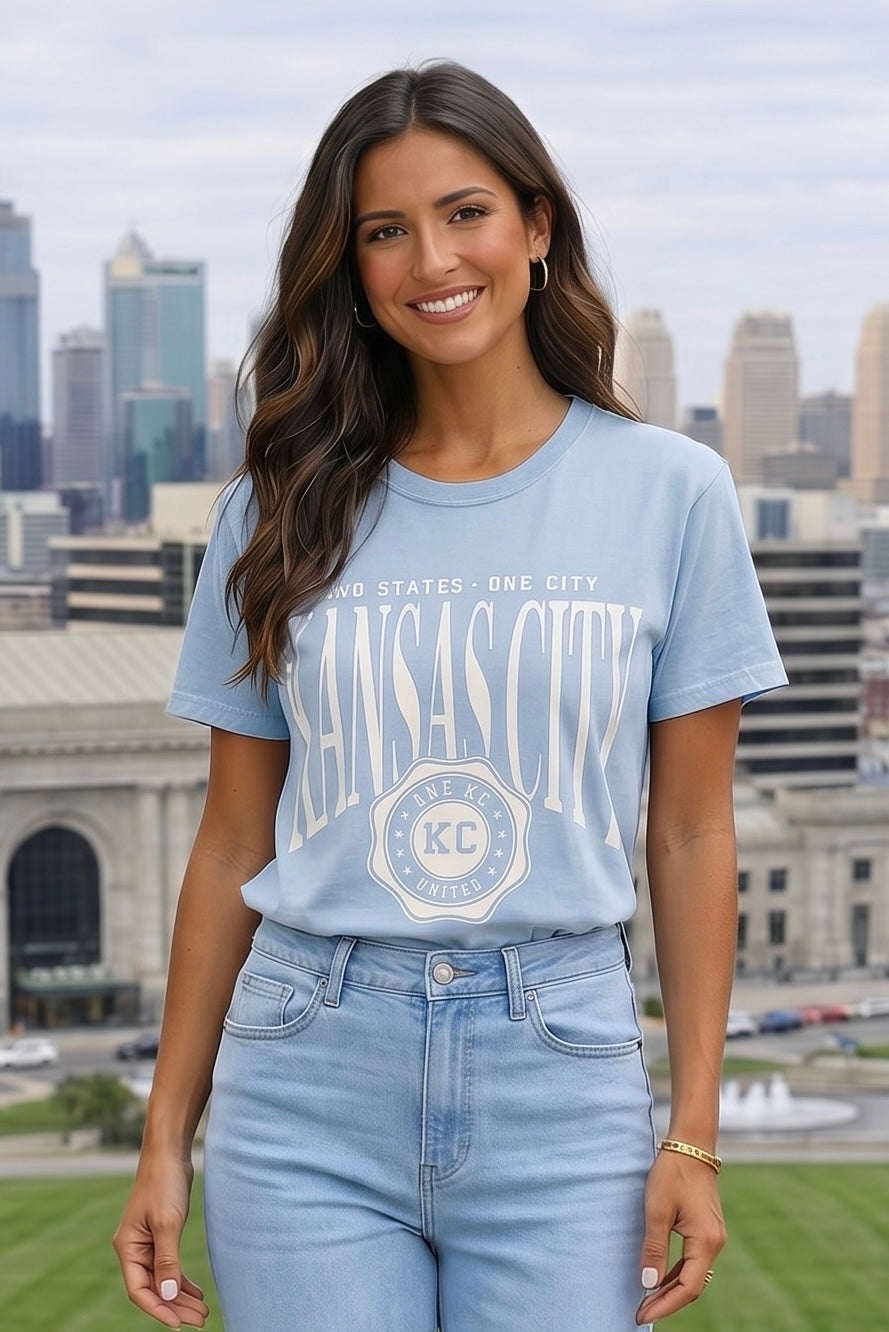 1KC Kansas City Two States One City Tee : Light Blue