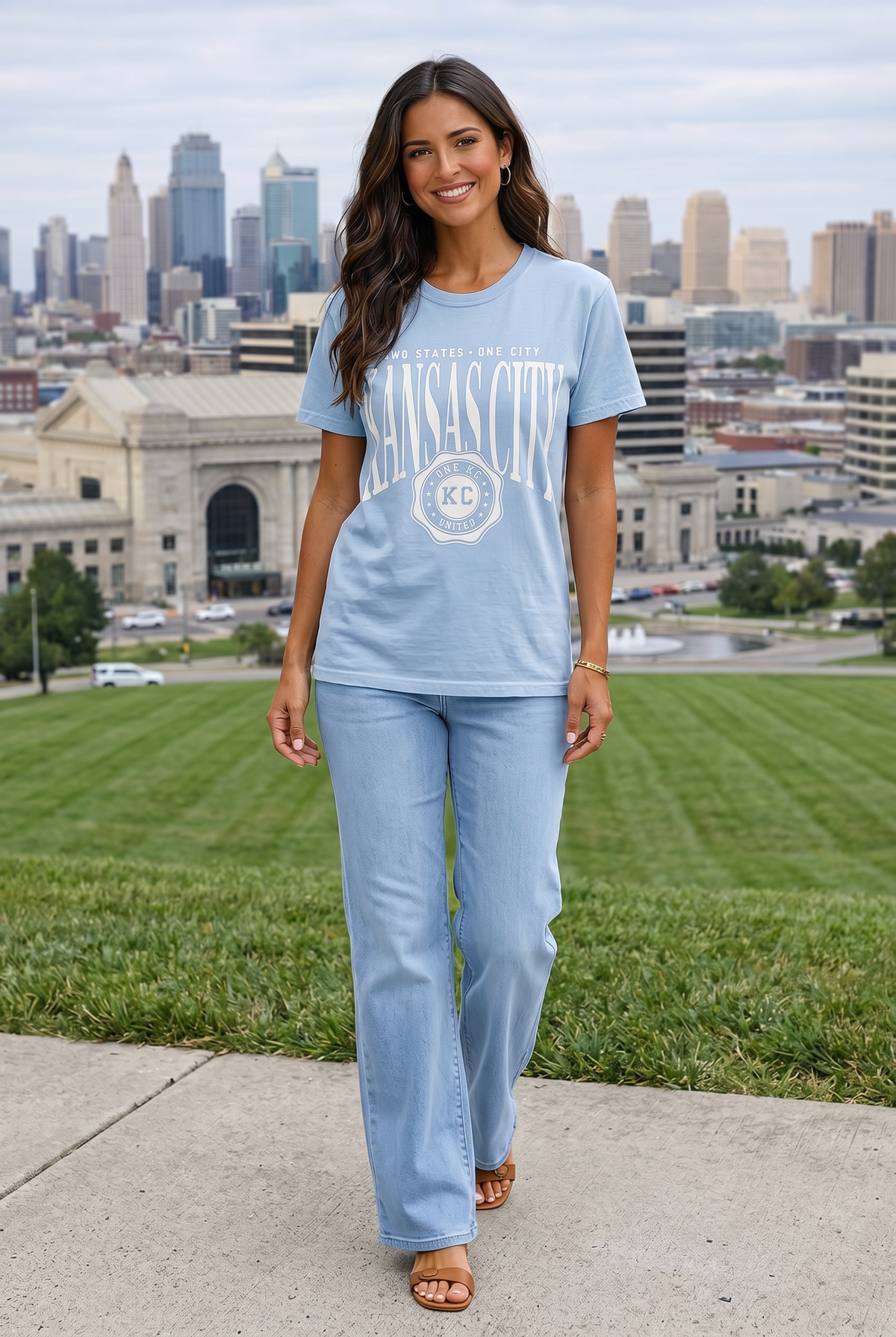 1KC Kansas City Two States One City Tee : Light Blue