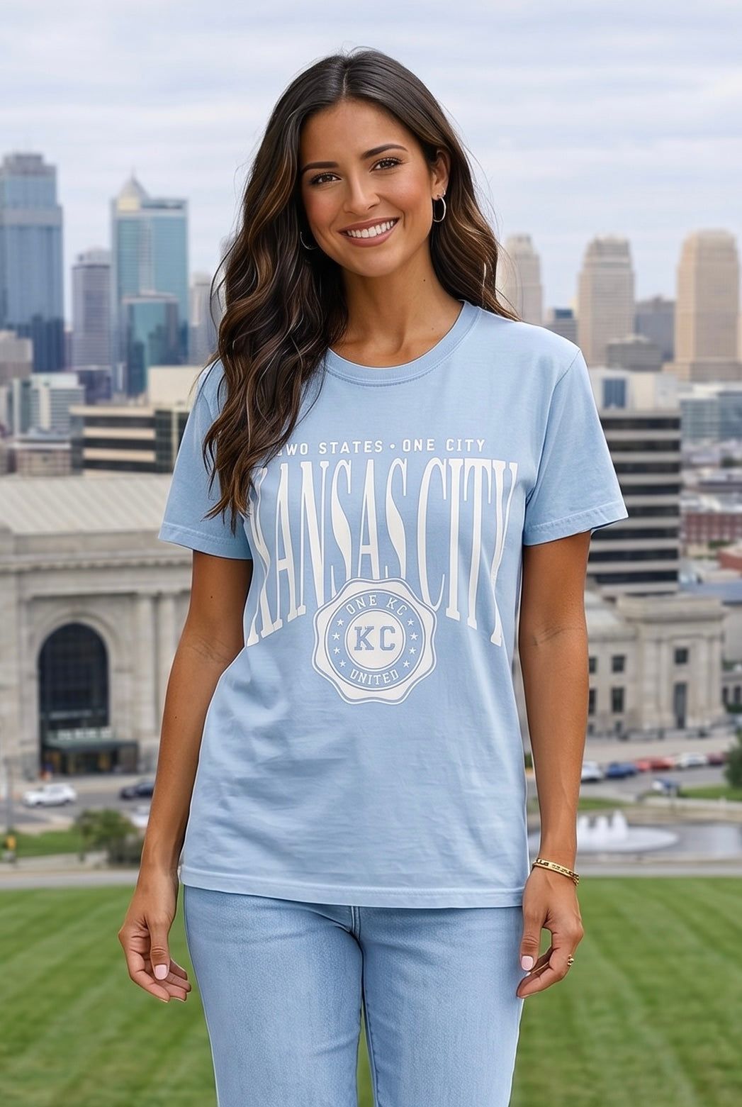 1KC Kansas City Two States One City Tee : Light Blue