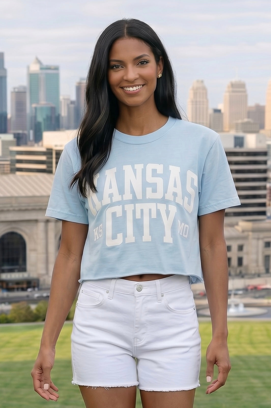 1KC Kansas City KSMO Cropped Tee : Light Blue