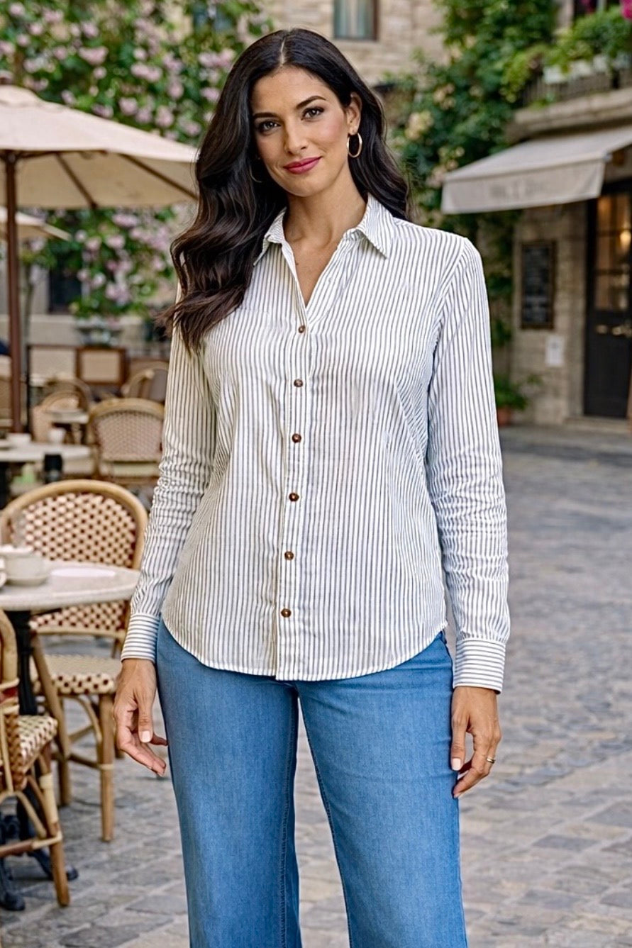 Leslie Pinstripe Long Sleeve Top : Denim