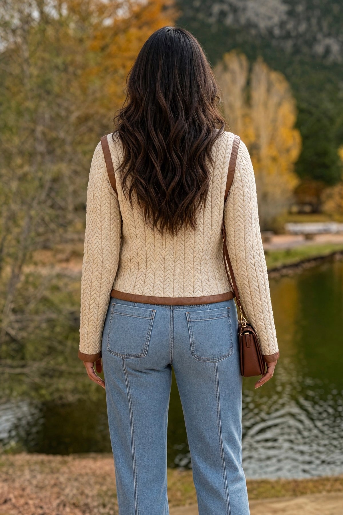 Starla Faux Leather Trim Cable Knit Jacket : Beige
