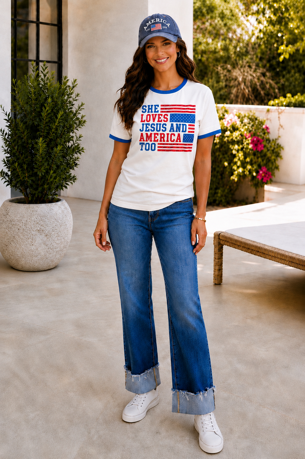 Gracey She Loves Jesus and America Too Graphic Top : Natural