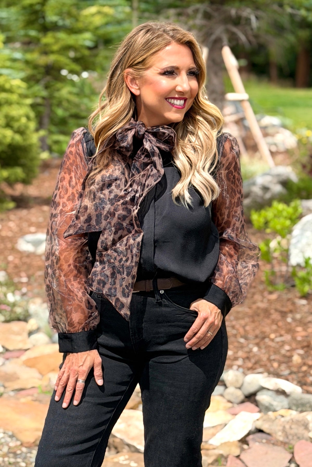 Gaby Self Tie Neckline Detailed Blouse : Black/Brown