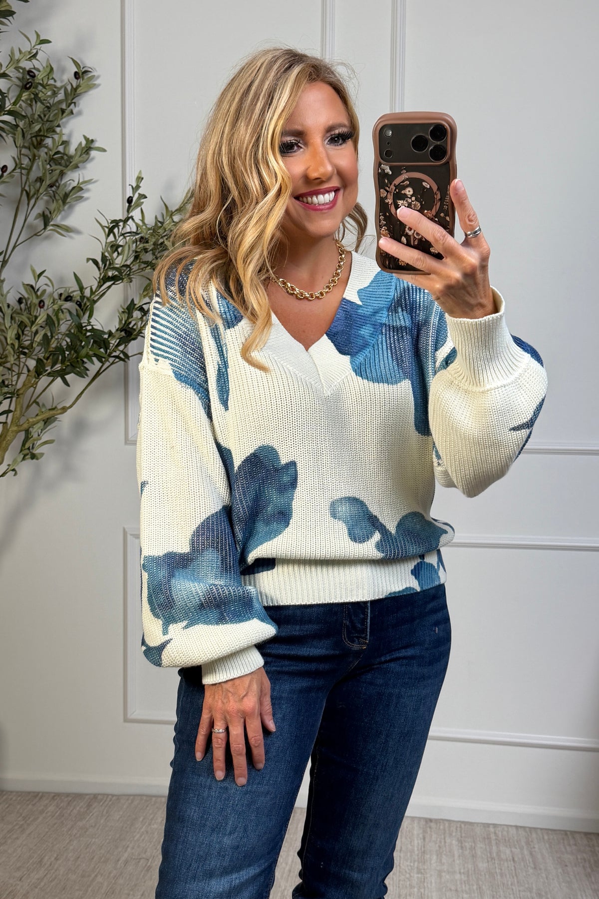 Tribal Ari Puff Sleeve V-Neck Sweater : Cream