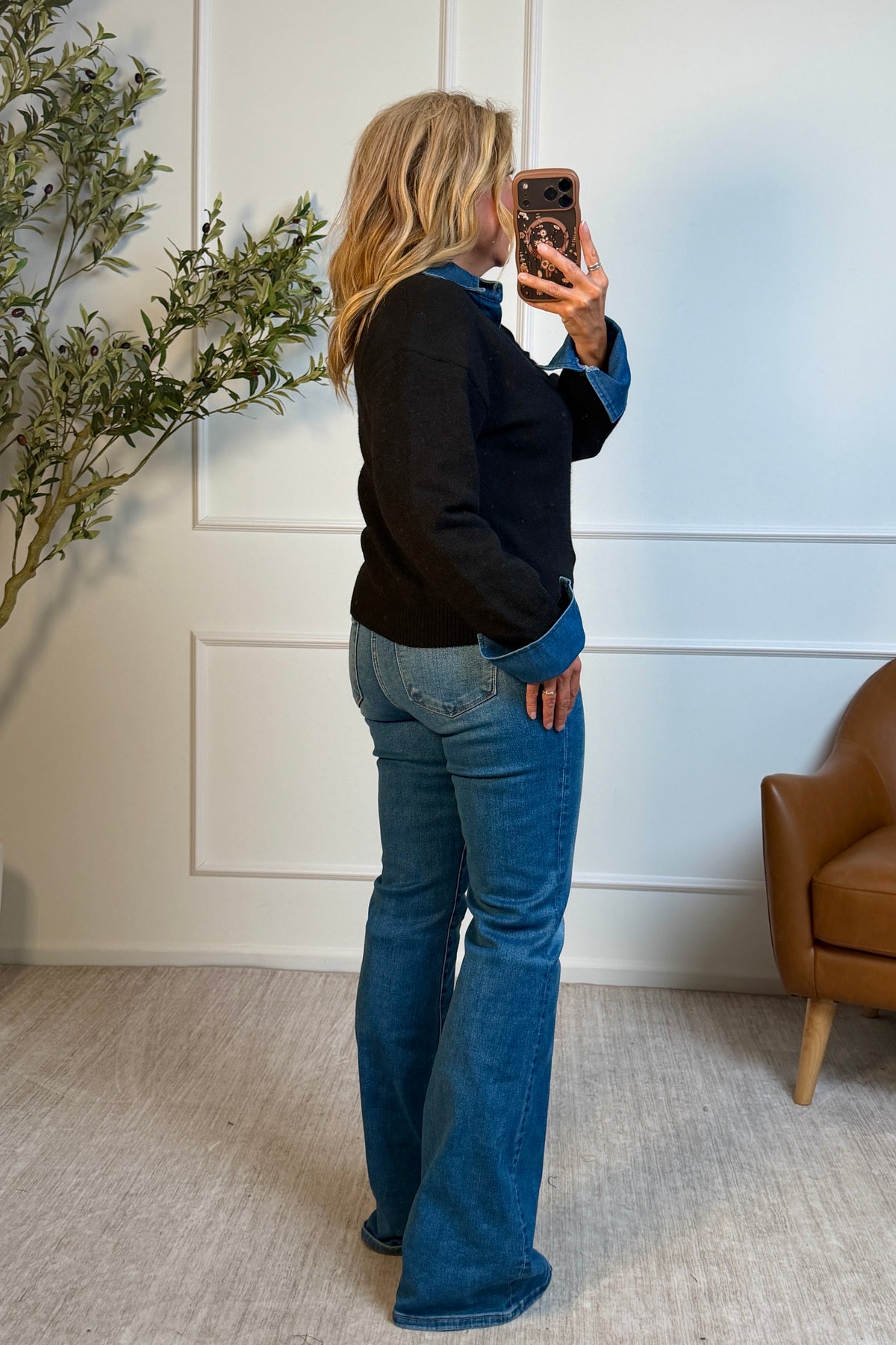 Elaia Denim Collared Sweater : Black