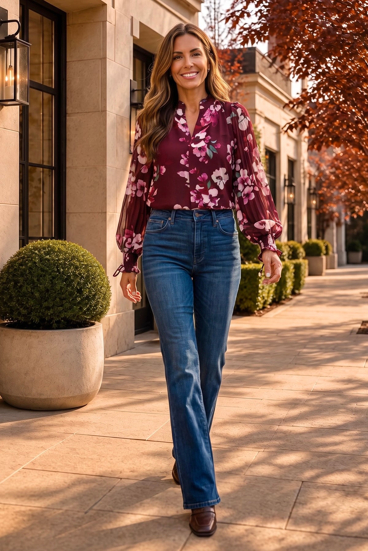 Kataleya 3/4 Pleated Sleeve Blouse : Wine/Dusty Rose