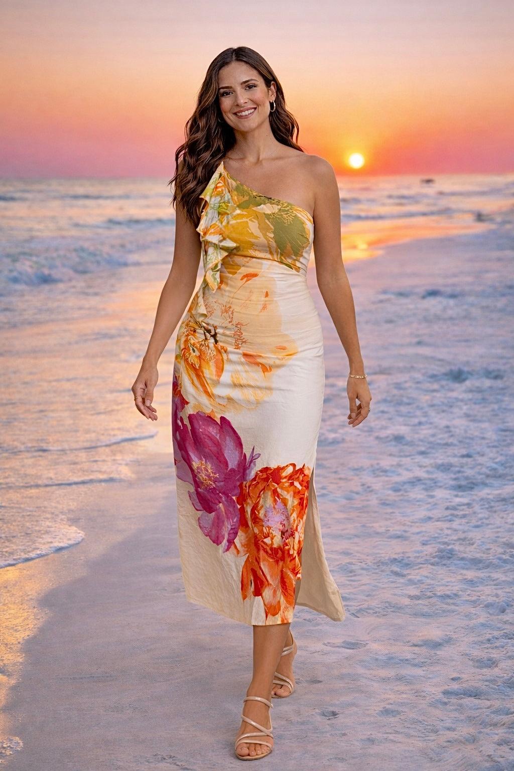 Georgina One Shoulder Floral Midi Dress : Cream Multi