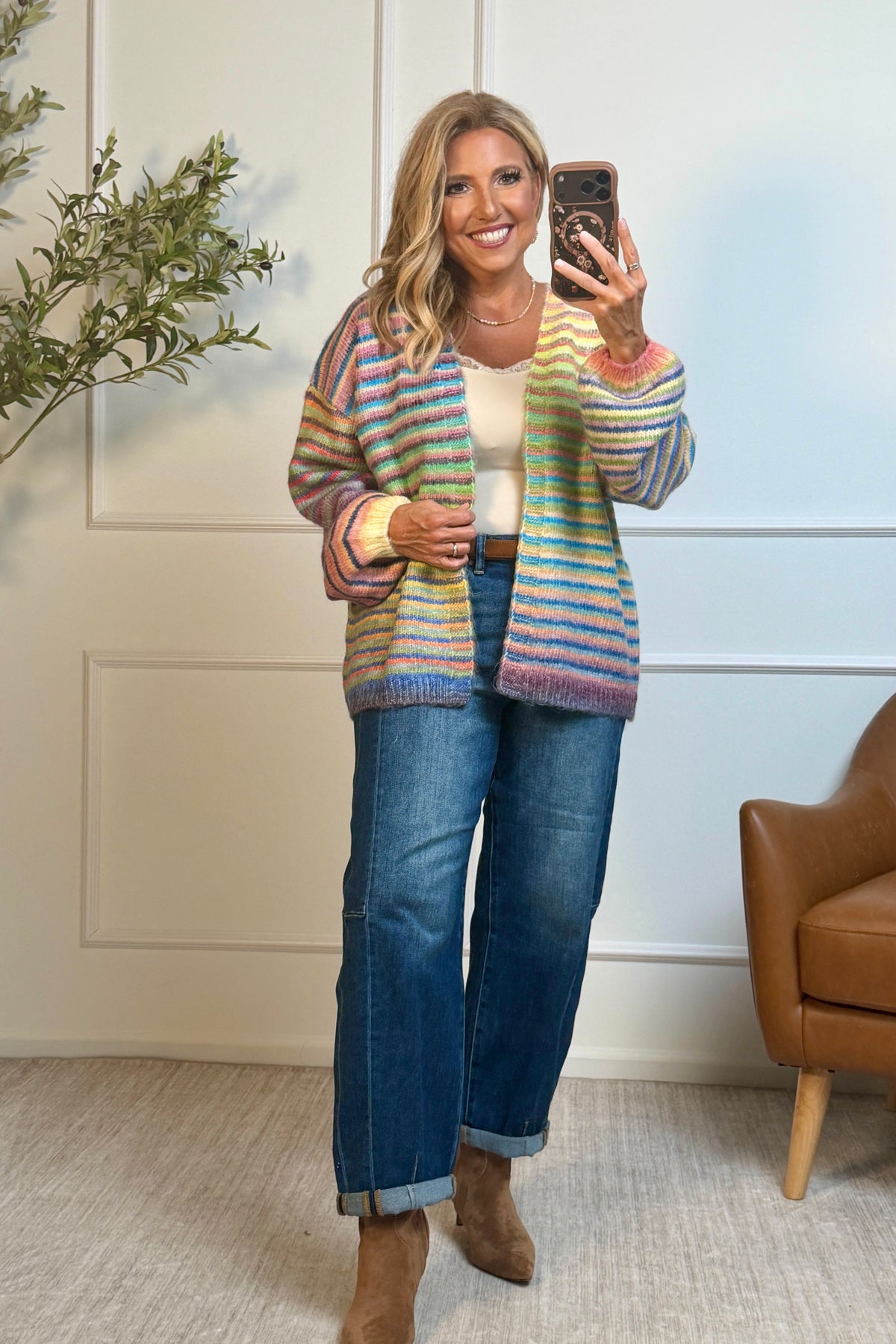 Georgette Striped Open Front Sweater Cardigan : Rainbow
