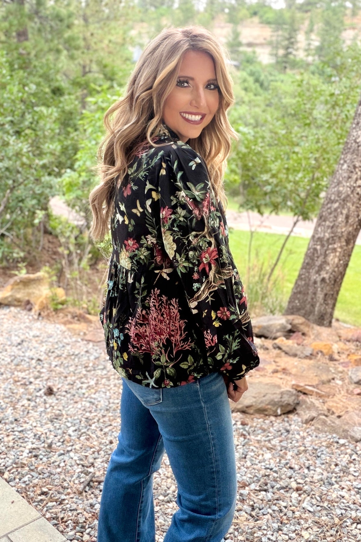 Malayah High Neck Band V-Neck Floral Printed Top : Black Multi