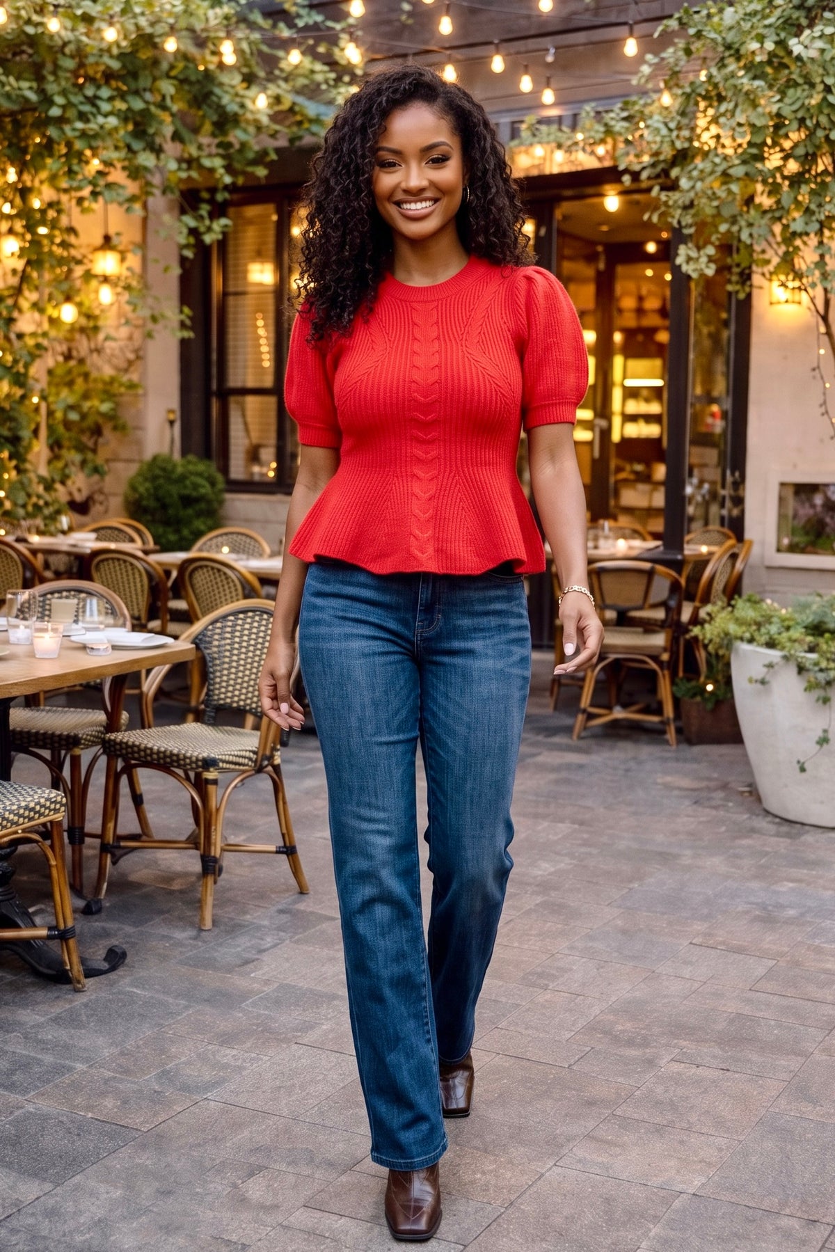Raylyn Flared Puff Sleeve Knit Sweater : Red