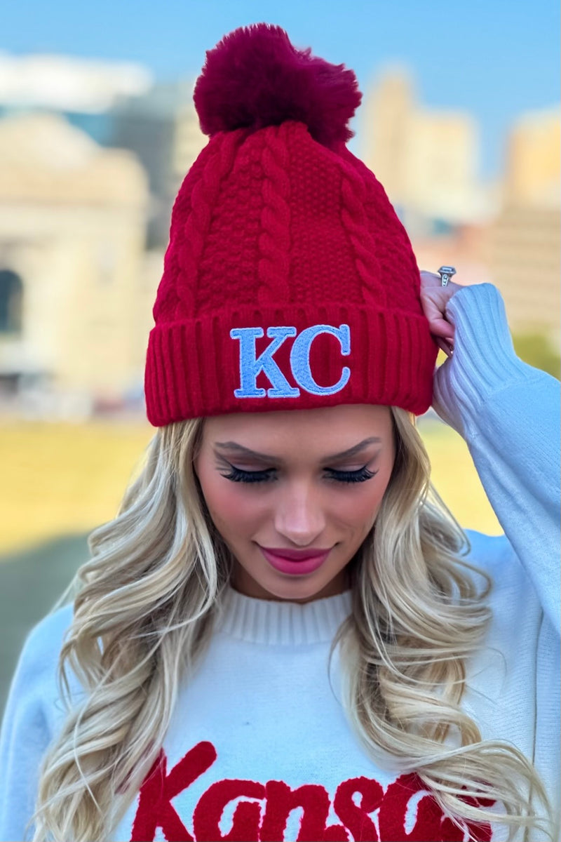 KC Cable Knit Fleece Lined Pom Beanie : Deep Red/White