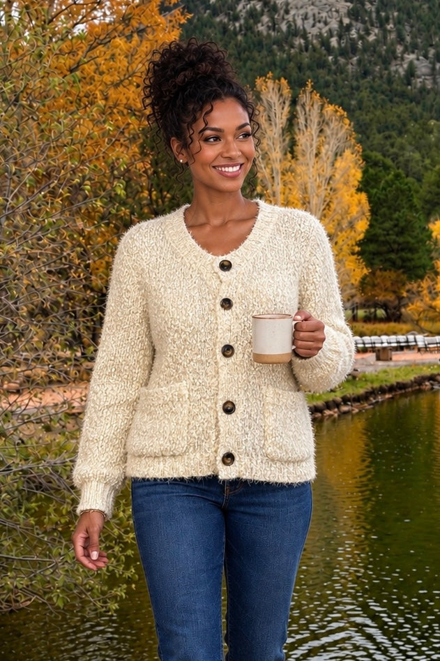 Tribal Shania Crew Neck Sweater Cardigan : Birch