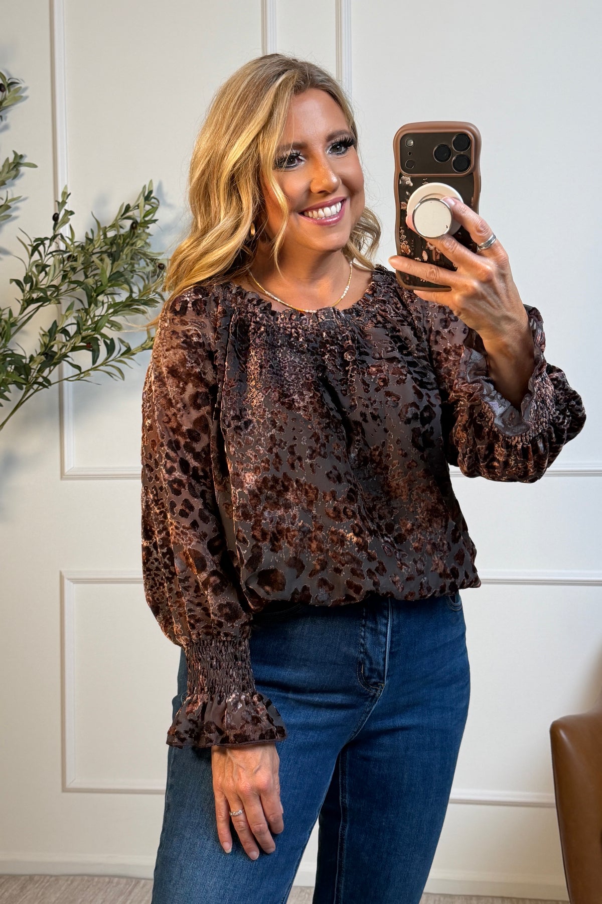Trudy Velvet Off the Shoulder Blouse : Leopard Charcoal