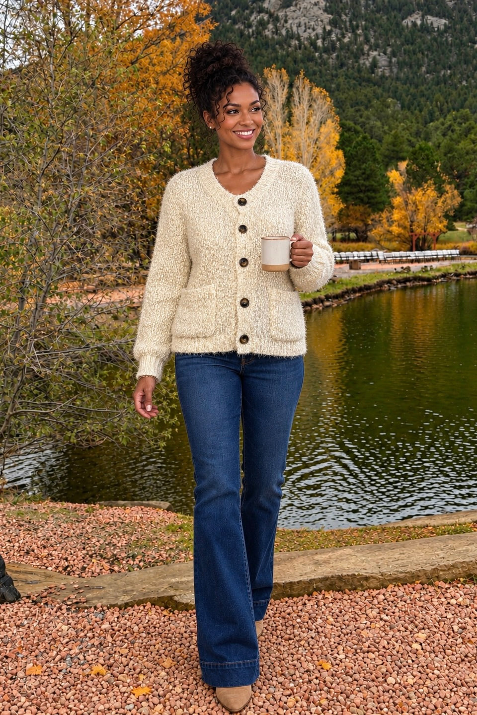 Tribal Shania Crew Neck Sweater Cardigan : Birch