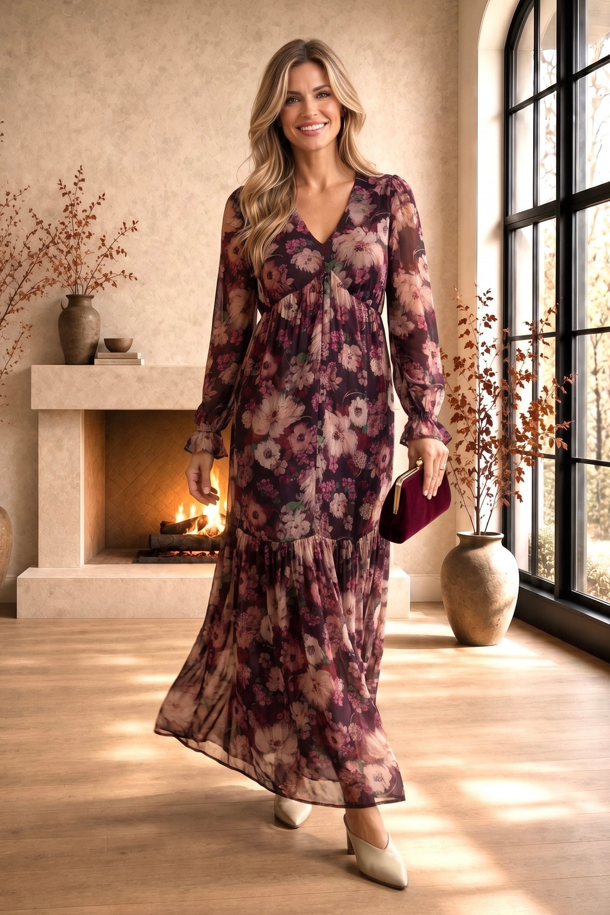 Noella Long Sleeve V-Neck Maxi Dress : Plum/Dusty Rose