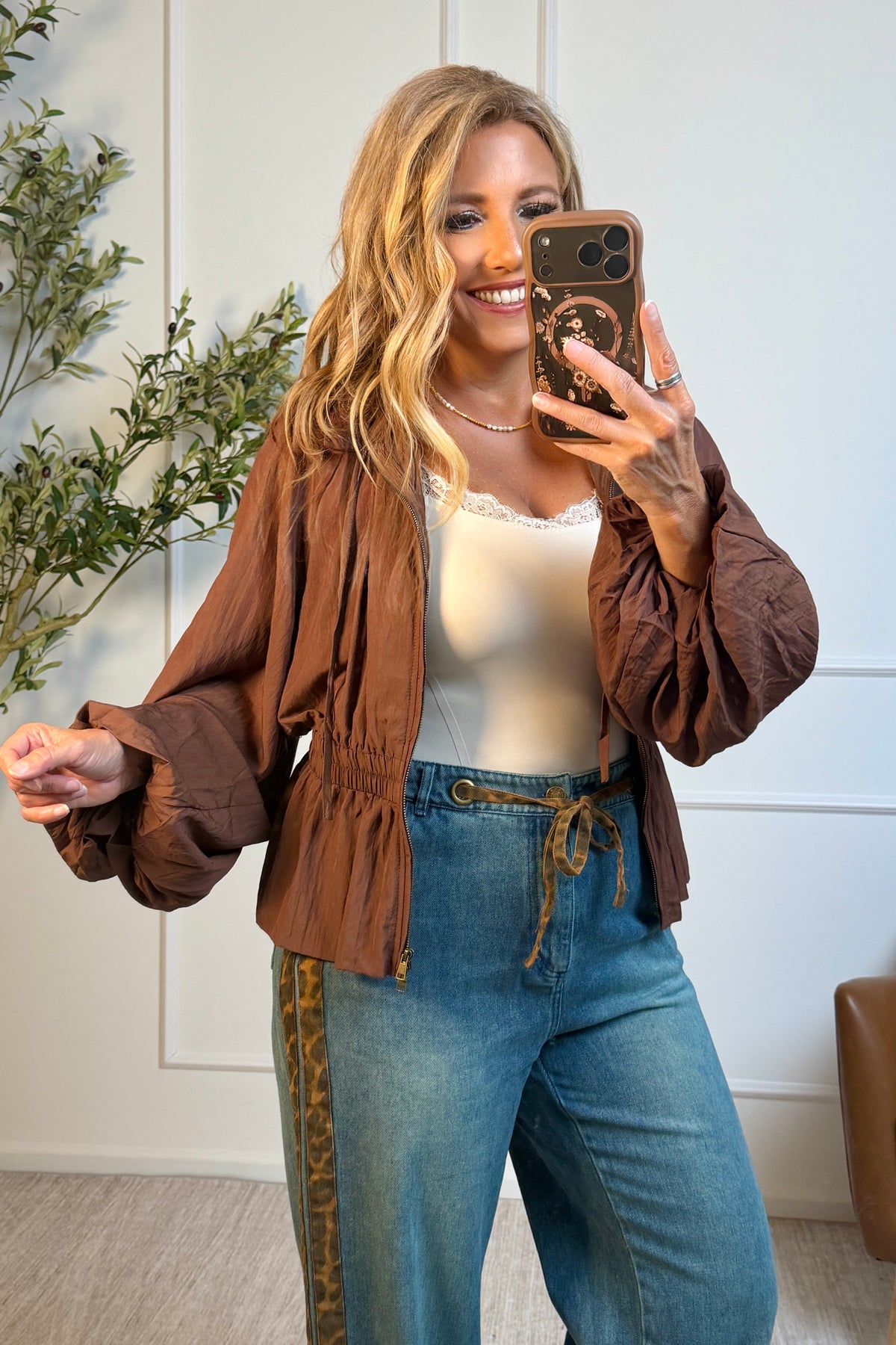 Gale Zip Up Jacket with Ruched Collar : Brown