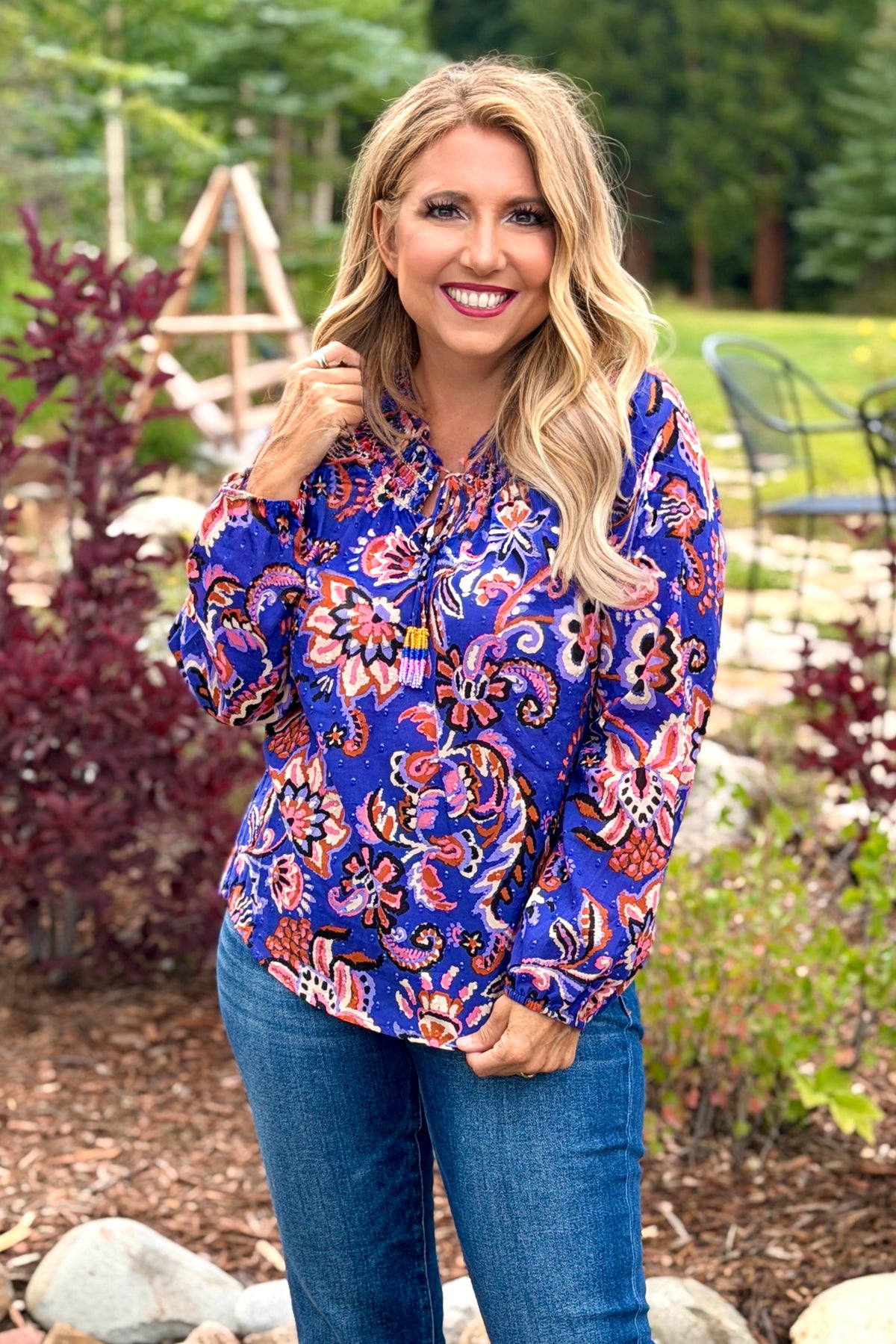Tribal Helmi Fancy Embroidered Blouse : Electric Blue