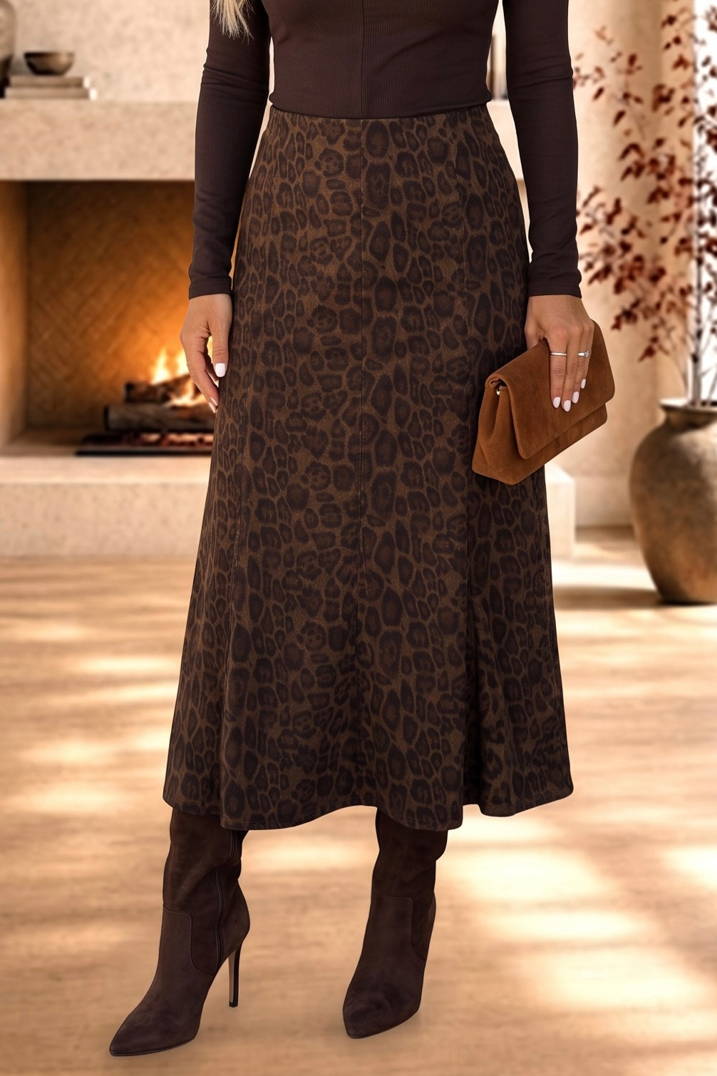 Margery Long Animal Print Skirt : Brown