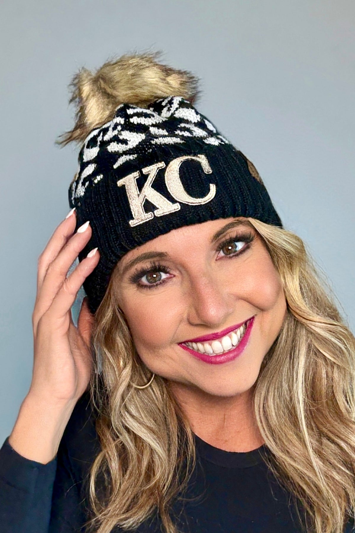 KC Pom Beanie : Animal Print/Metallic Tan