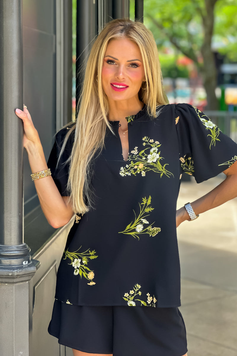 LeAnn Floral Split Neck Top : Black