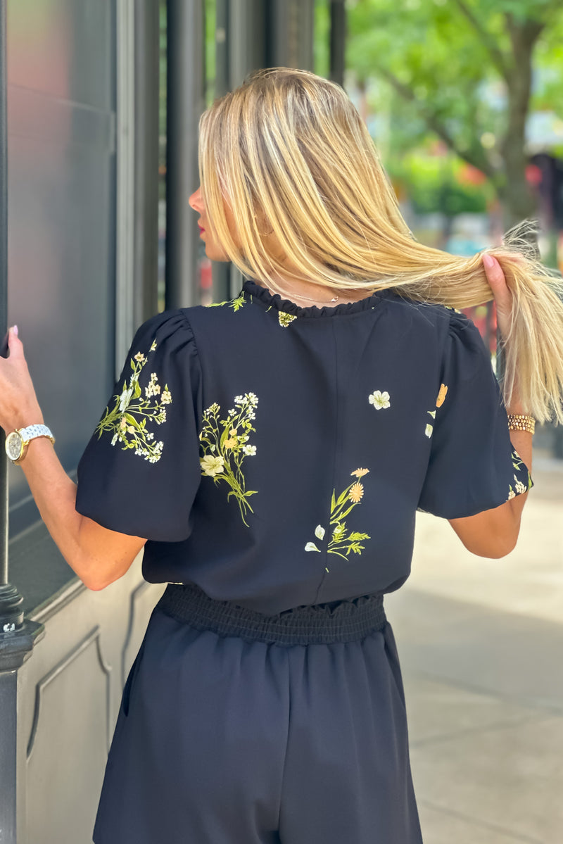 LeAnn Floral Split Neck Top : Black