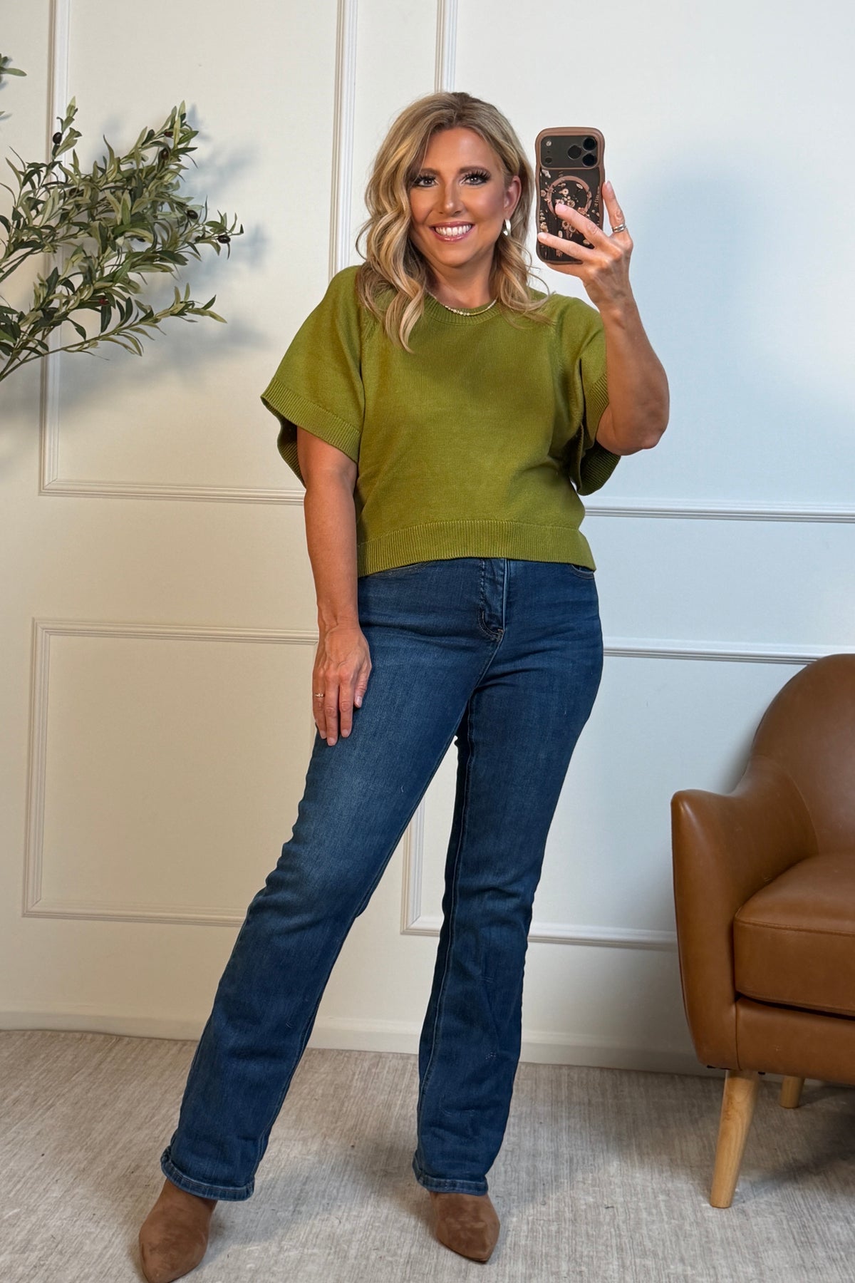 Thessaly Ribbed Trim Relaxed Sweater : Martini Olive