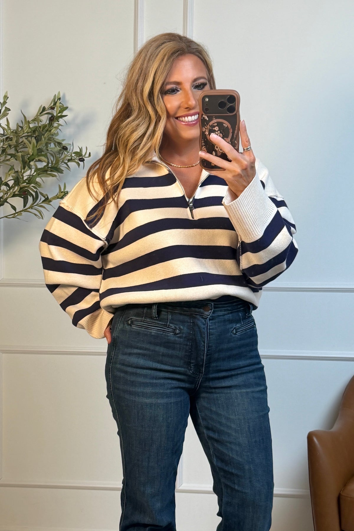 Harmonia Striped Quarter Zip Sweater : Natural/Navy