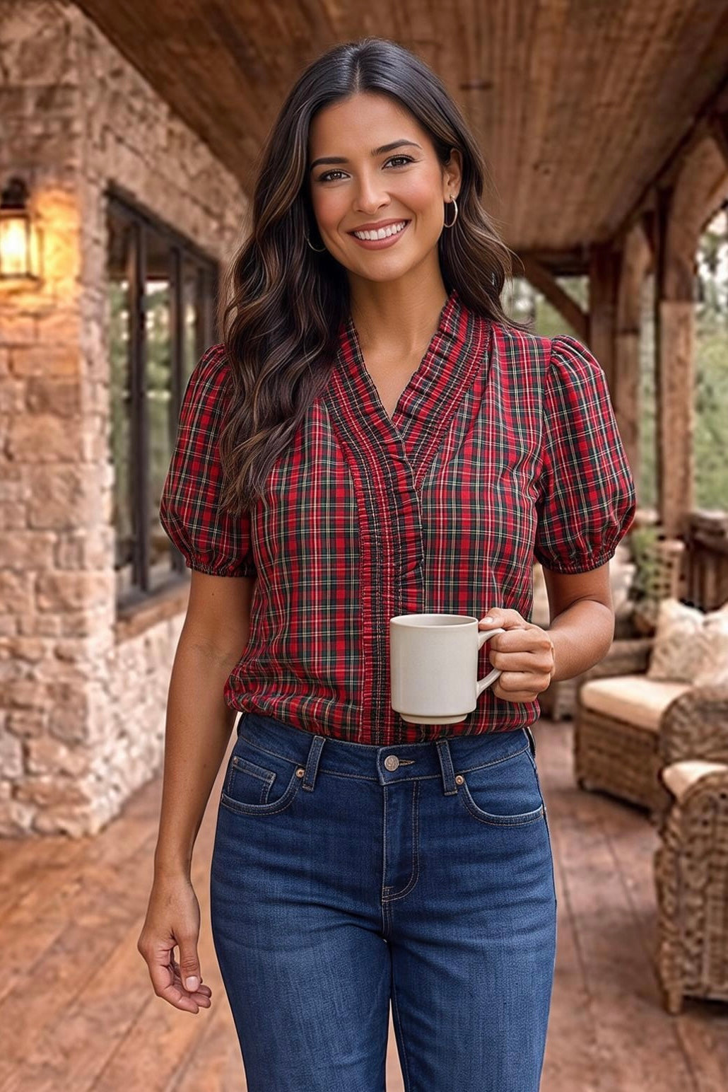 Linnet V-Neck Plaid Top : Red