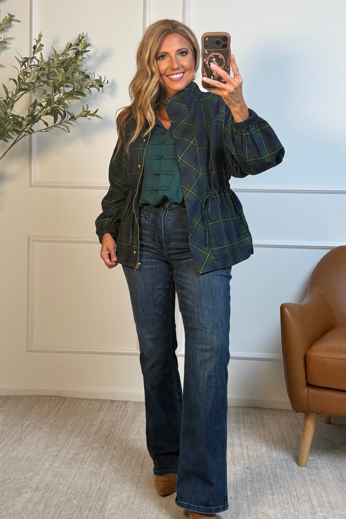 Lenore Zip Front Plaid Jacket : Green/Navy