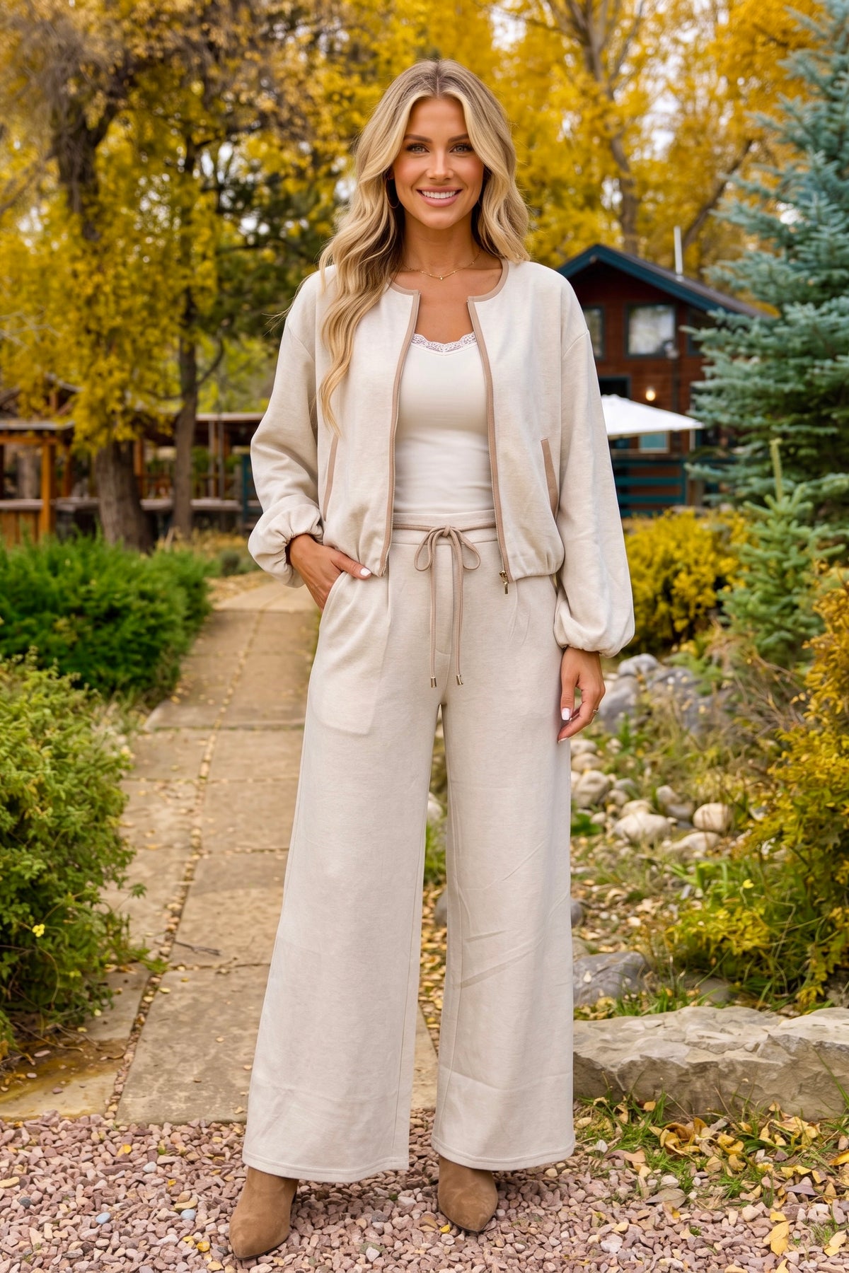 Rosella Suede Wide Leg Pants : Beige