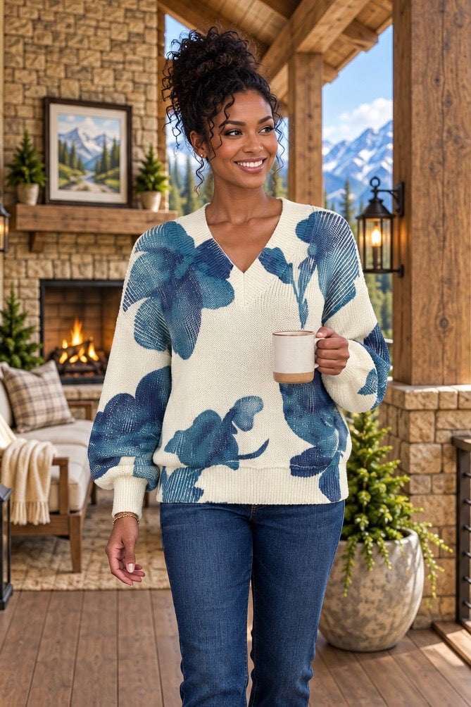 Tribal Ari Puff Sleeve V-Neck Sweater : Cream
