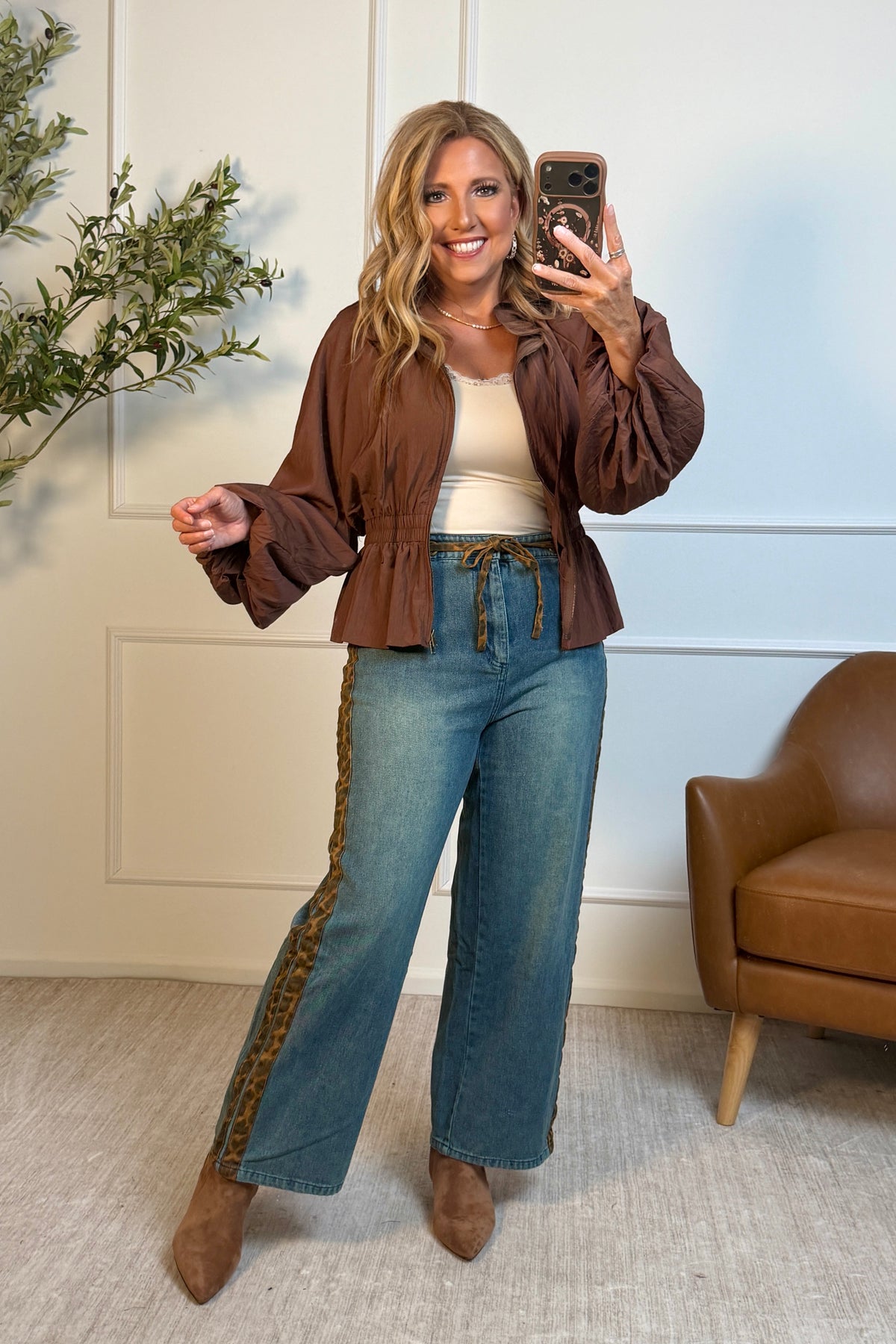 Gale Zip Up Jacket with Ruched Collar : Brown