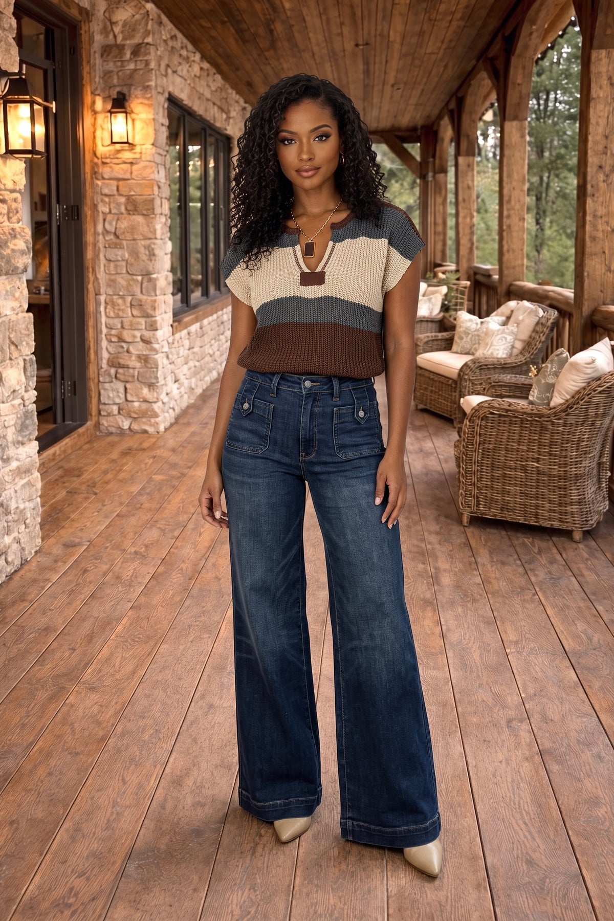 Jaylene Crochet Striped Top : Mocha/Taupe