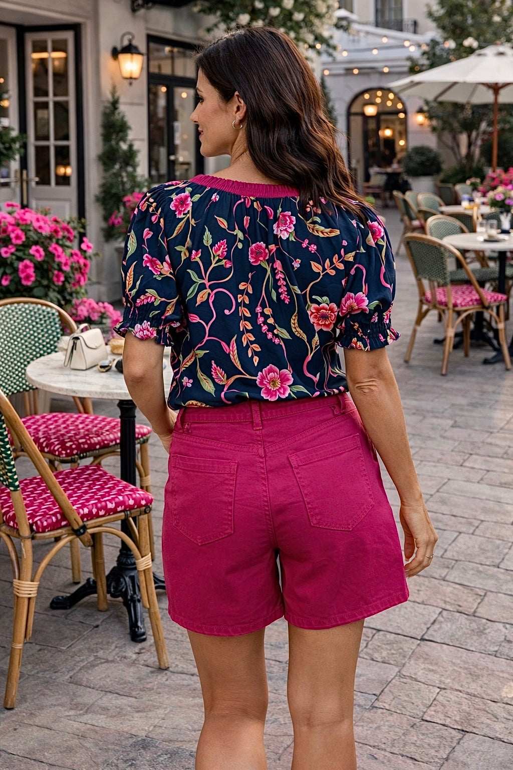 Keyla Short Sleeve Floral Pattern V-Neck Top : Navy