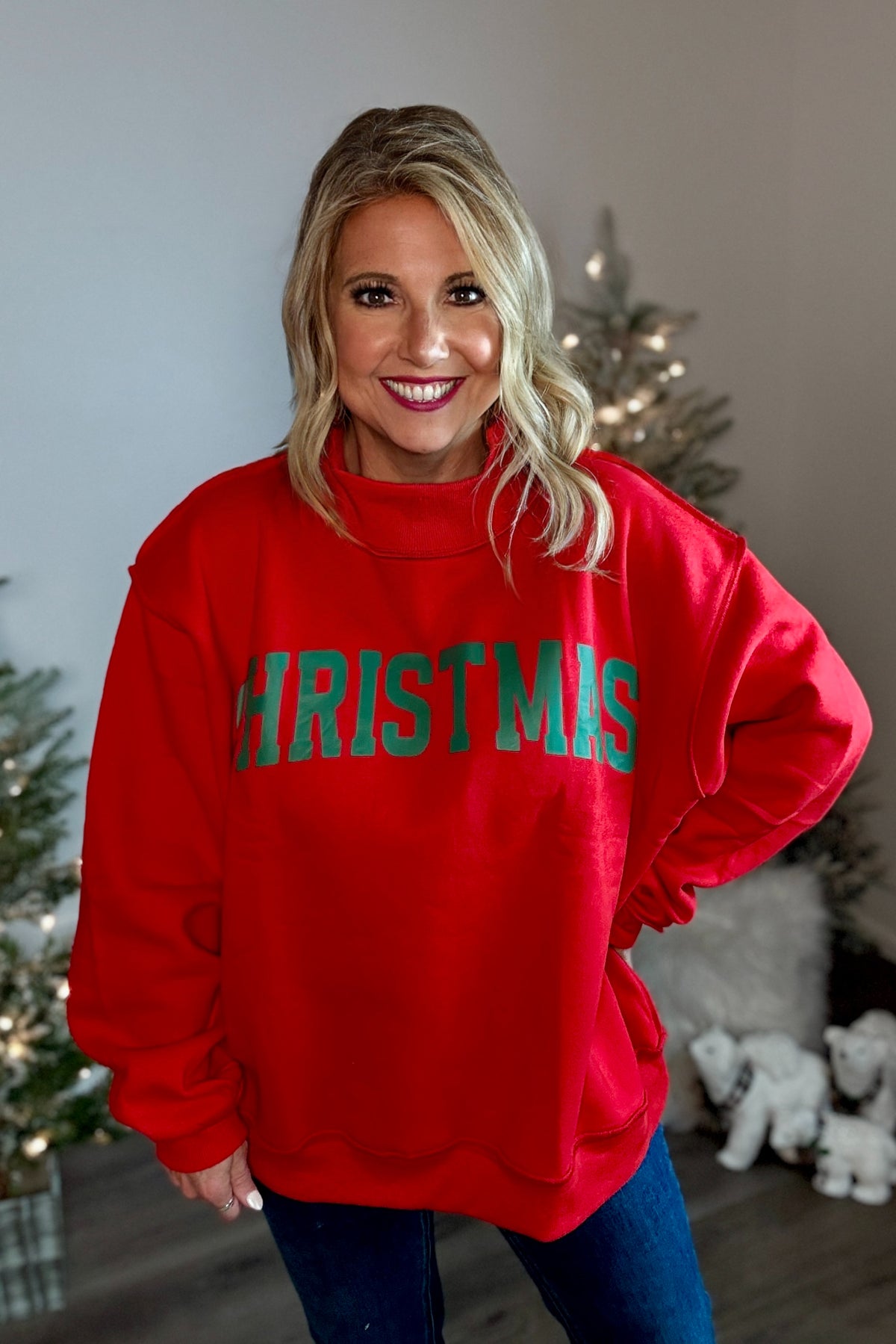 Belle Oversized Mock Neck Christmas Pullover : Red