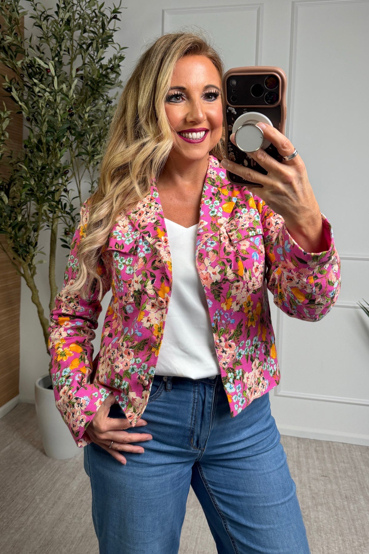 Makayla Long Sleeve Floral Jacket : Pink Multi