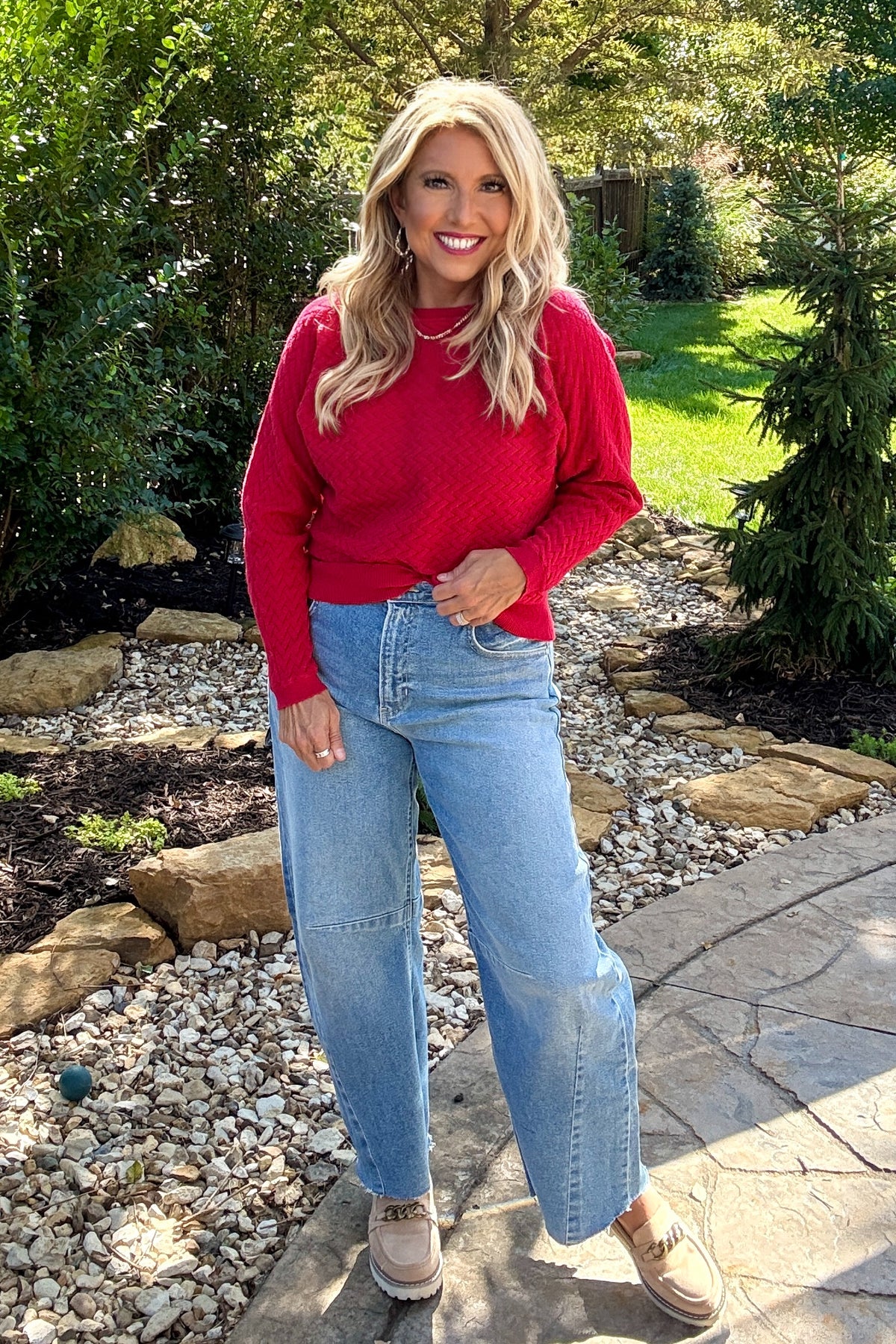 Evanthia Soft Gauge Textured Sweater : Red