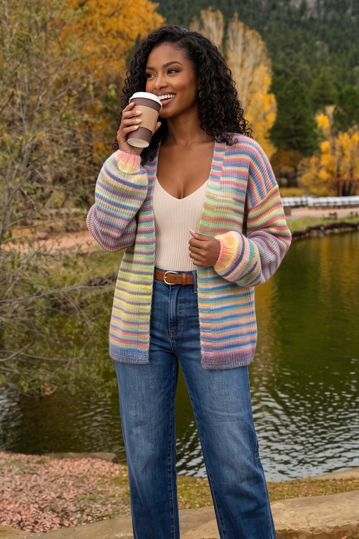 Georgette Striped Open Front Sweater Cardigan : Rainbow
