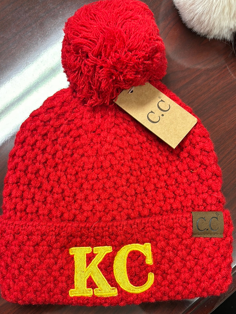 KC C.C. Lattice Stitch Pom Beanie : Red/Yellow